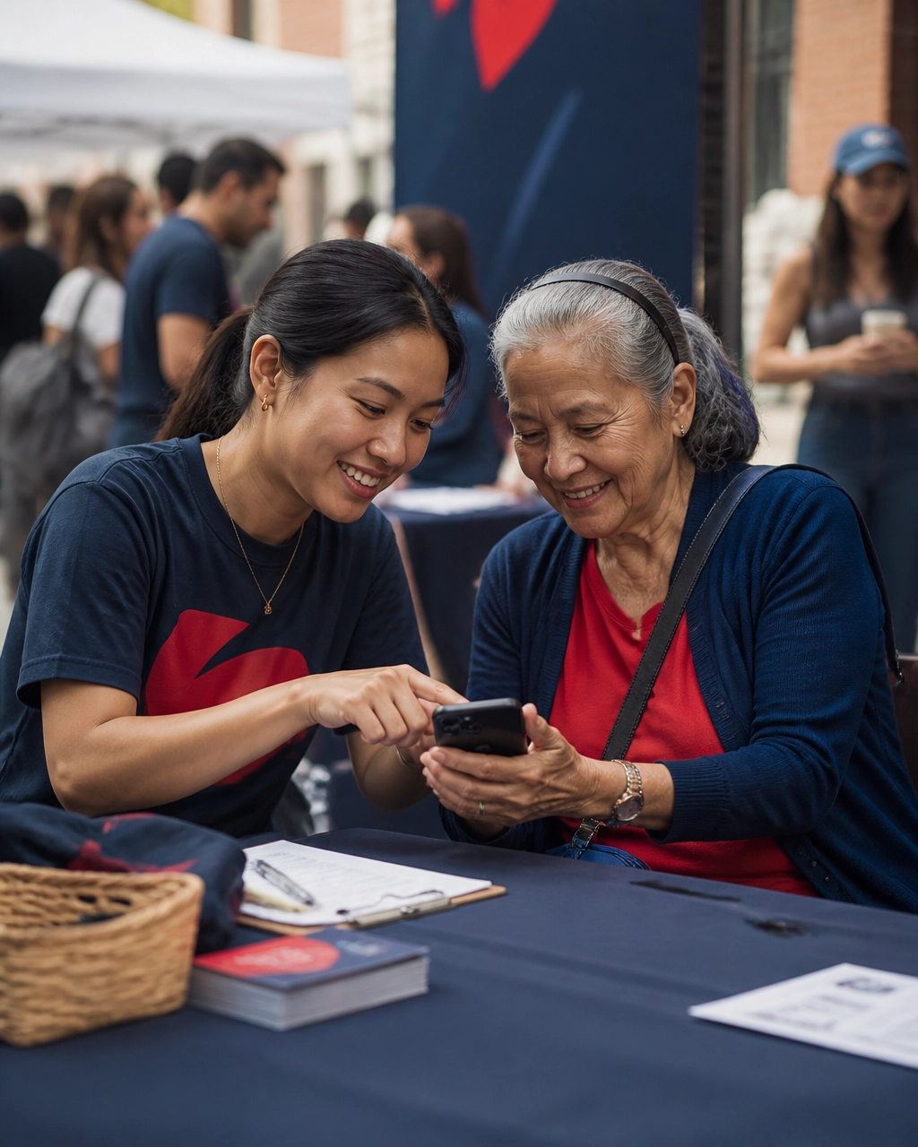 Volunteer helping a donor complete a mobile donation at a community event