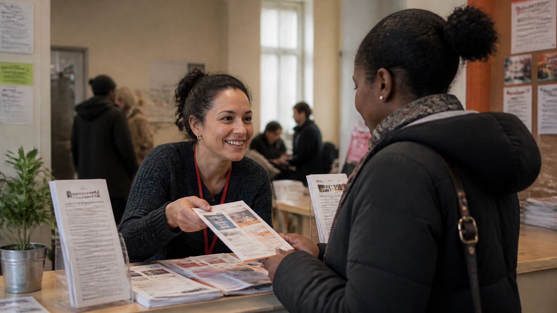 Volunteer helping a newcomer at a Montreal community centre reception desk with bilingual materials