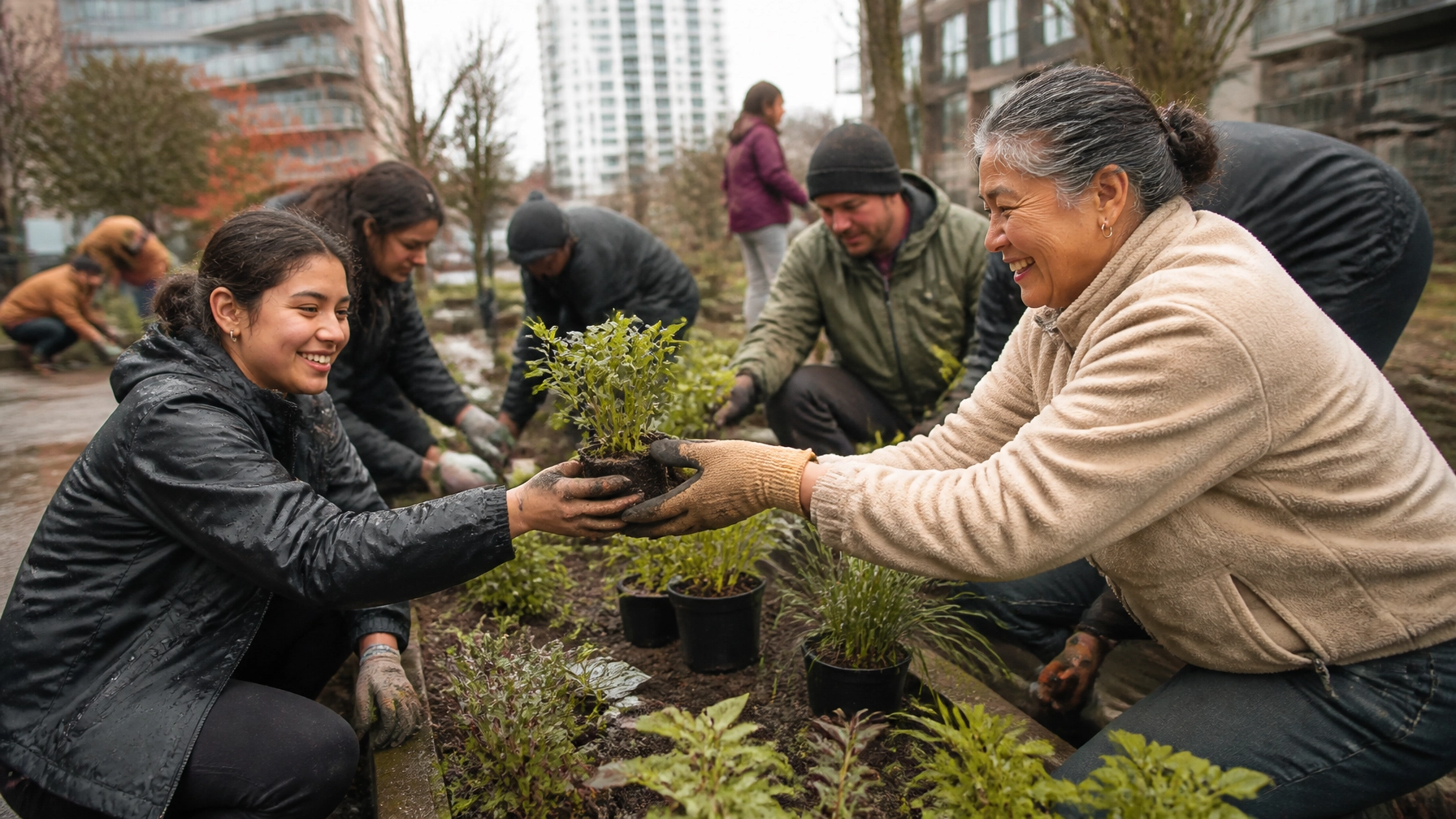 Vancouver volunteers and community members planting an urban garden together