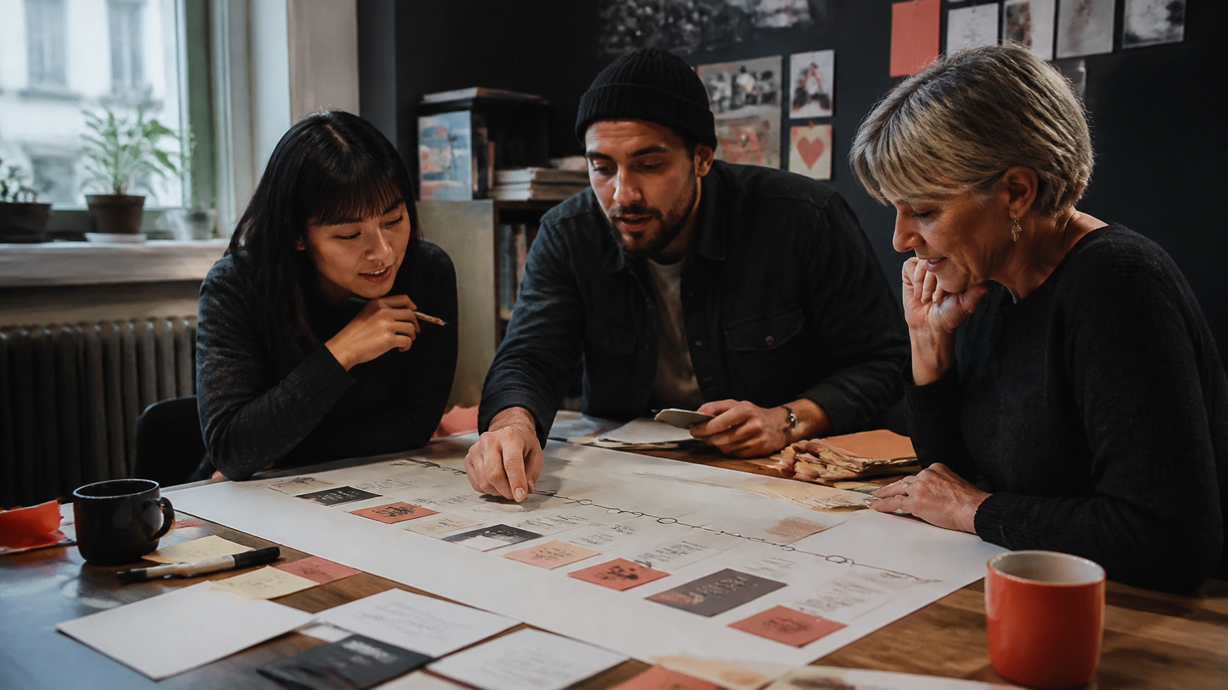 Nonprofit staff and volunteers mapping donor and supporter journeys in a community office