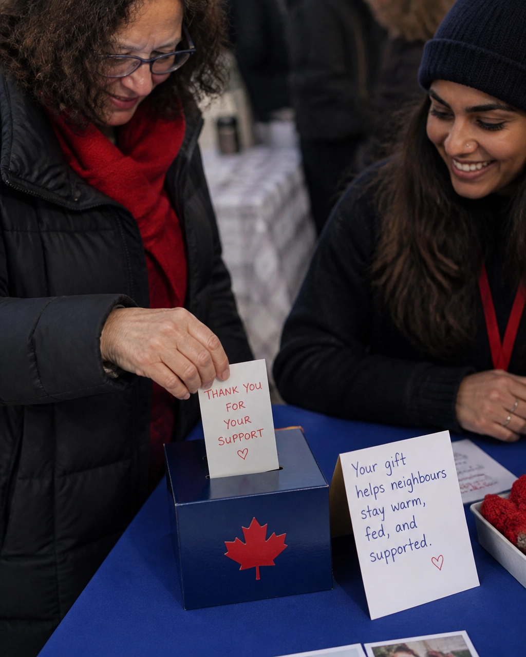 Donor and nonprofit staff member sharing an impact note at a Toronto fundraising event