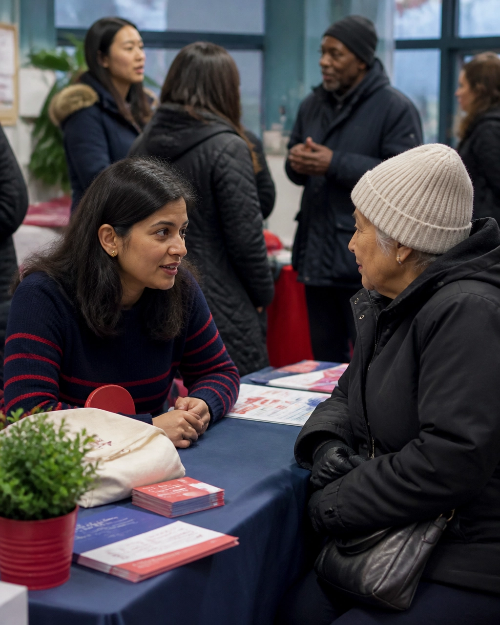 A volunteer coordinator speaking with a community member at a Toronto resource table
