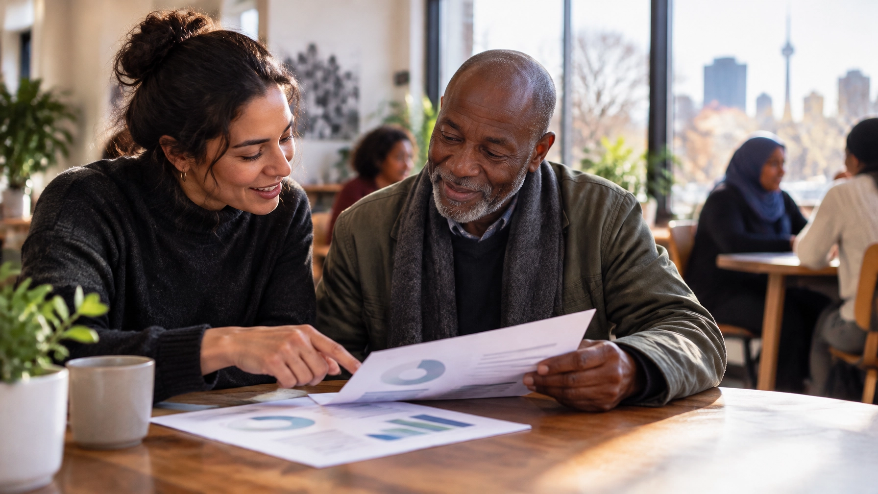 Nonprofit staff member and donor reviewing an impact report together at a community table