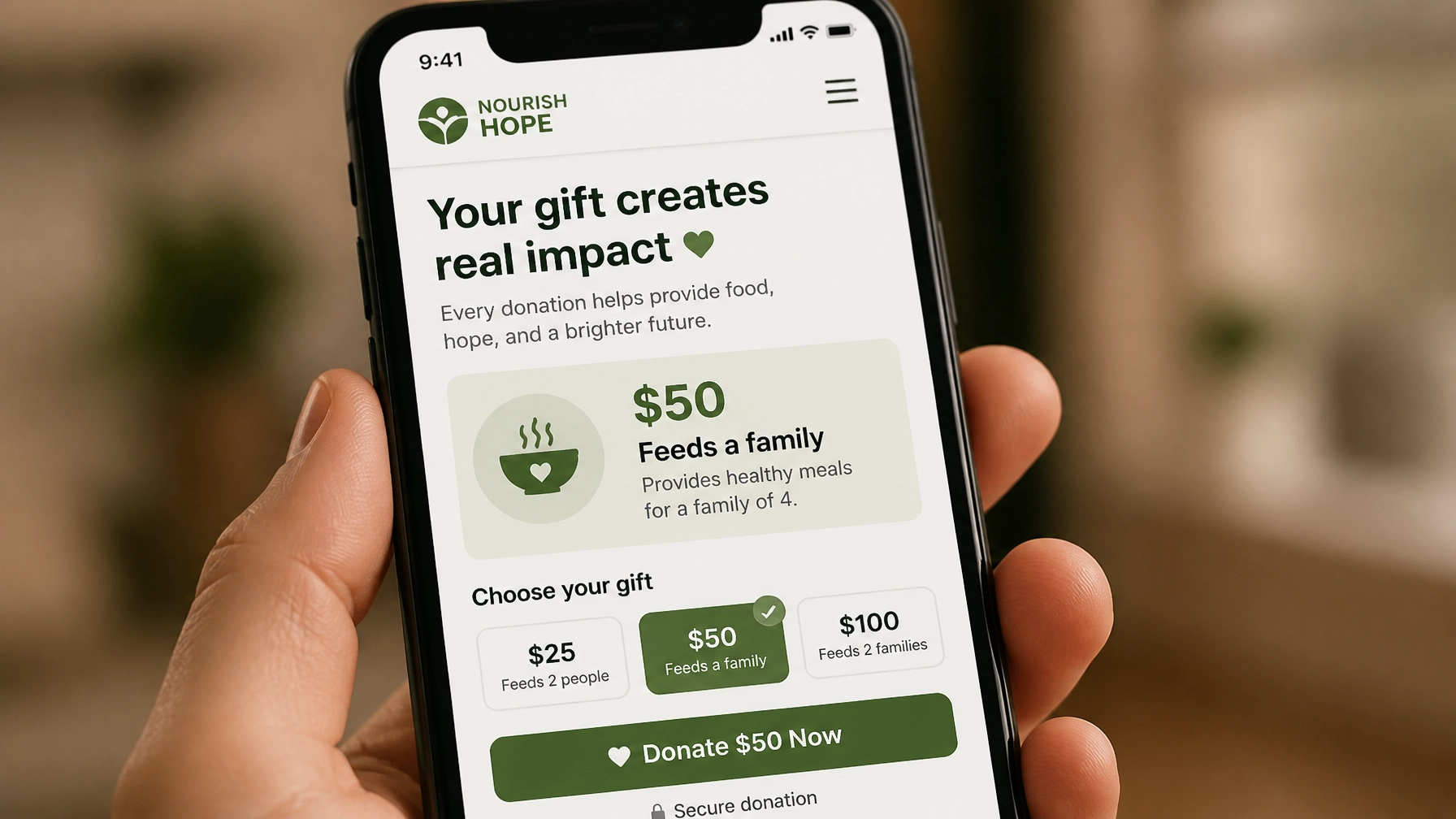 Close-up of a high-converting mobile donation page on a smartphone screen showing clear impact statements