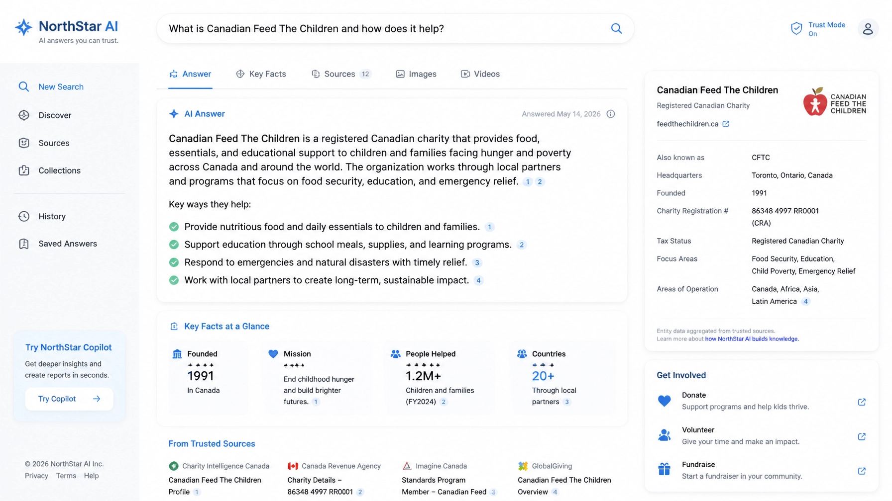 An AI search engine interface displaying structured answers and entity citations for a Canadian charity