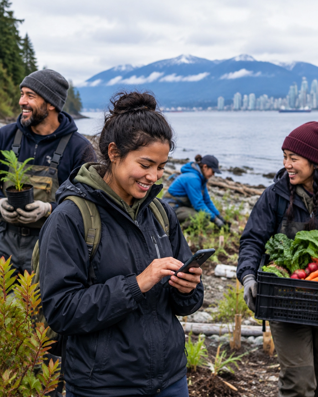 Volunteers restoring a Vancouver shoreline while a community member checks information on a smartphone