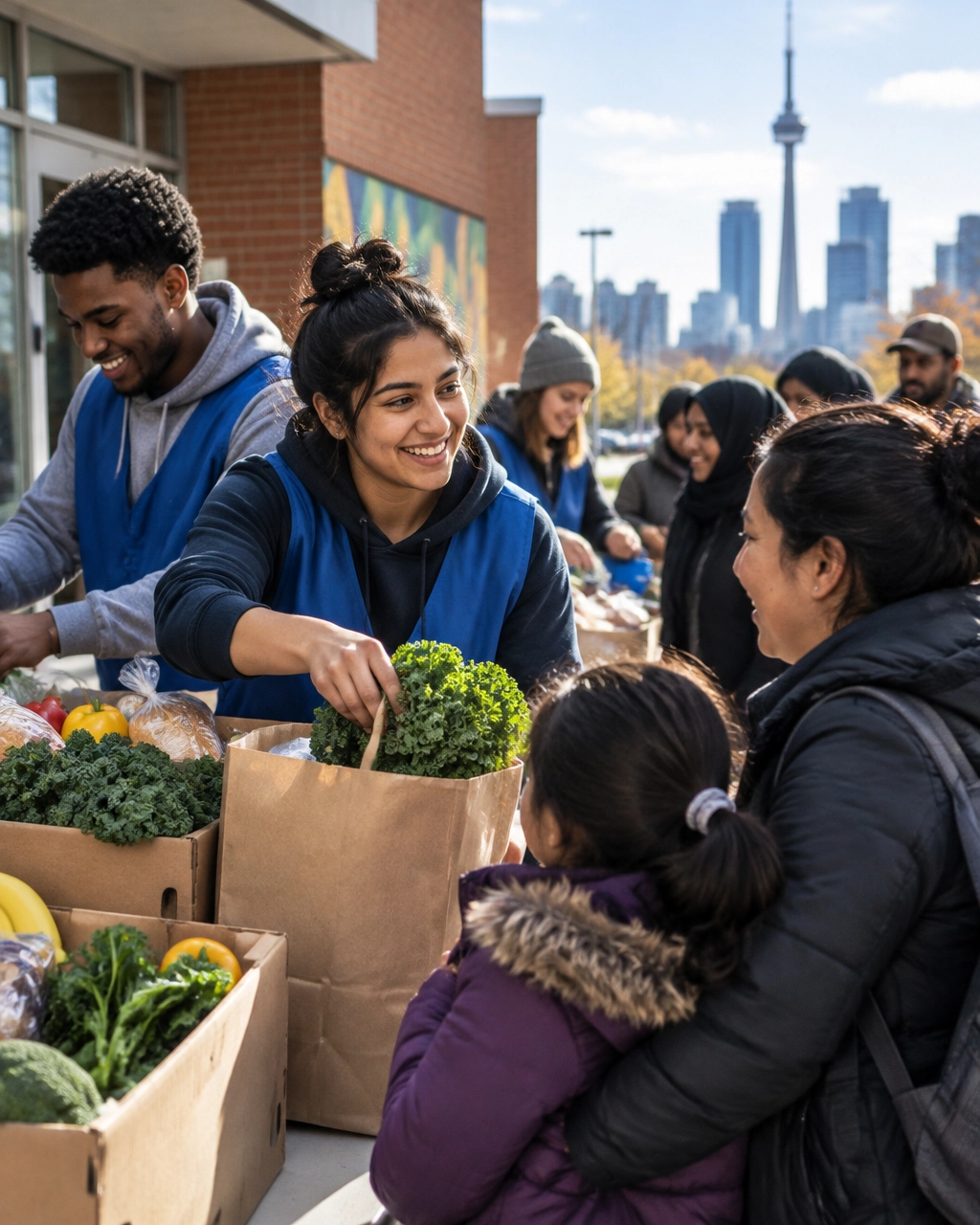Volunteers organizing donated groceries with families at a Montreal community food program