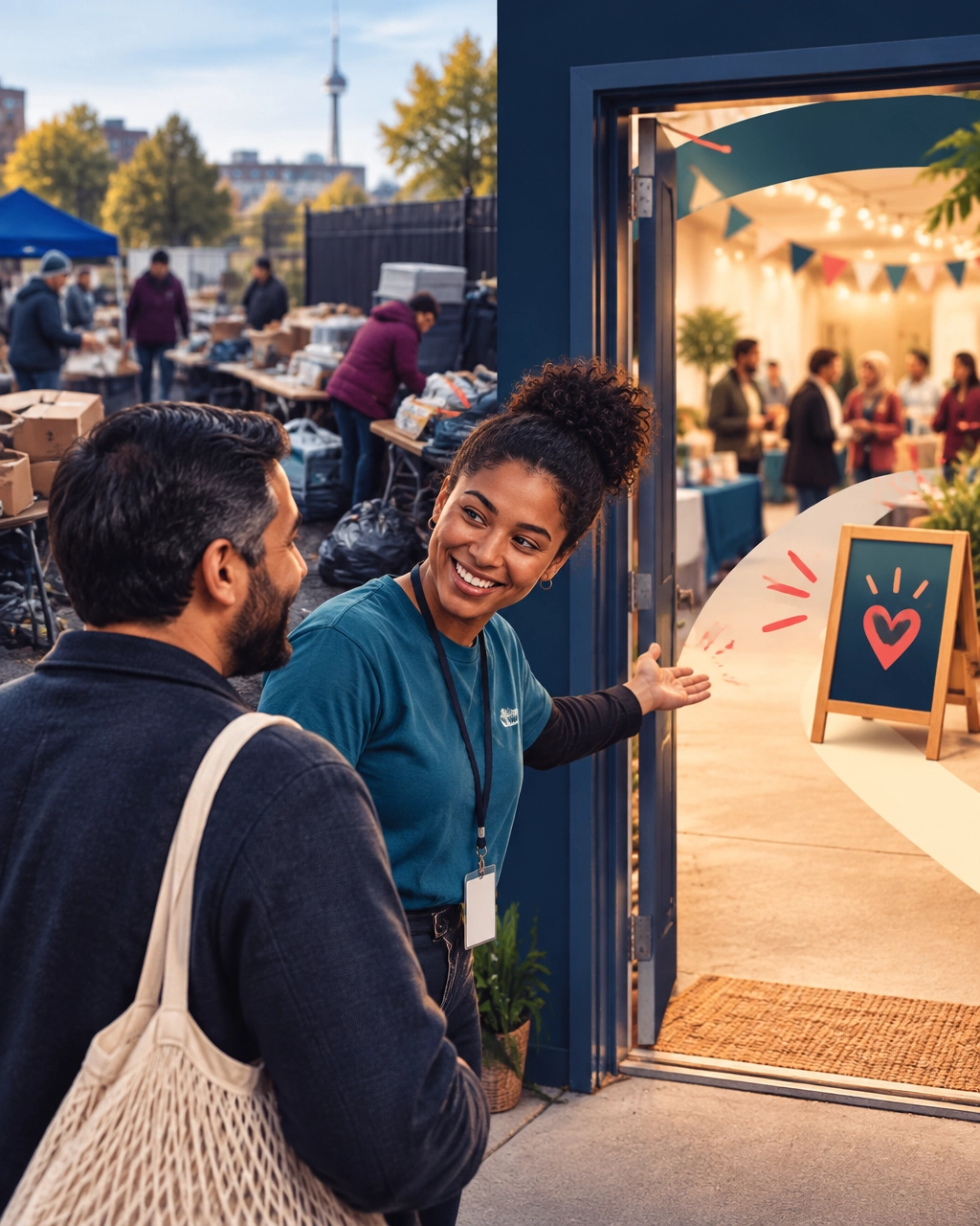 Donor and volunteer moving through an open, welcoming path at a community event, representing the Action Gap