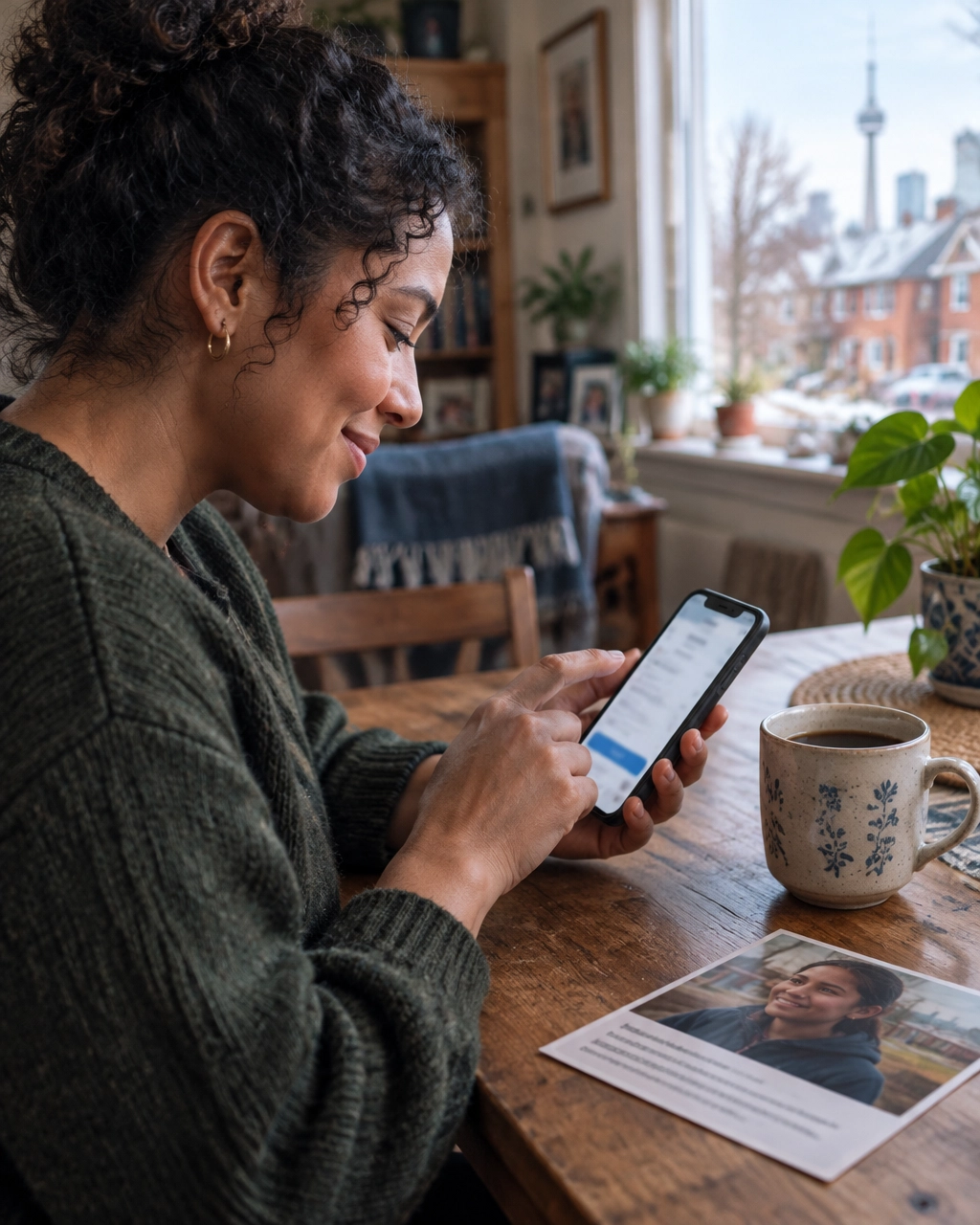 Donor making a thoughtful online gift beside a printed impact story