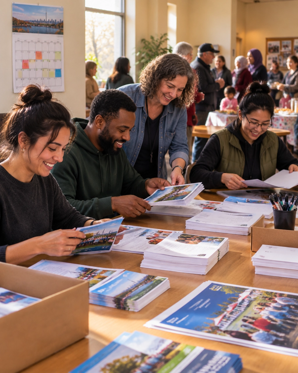 Nonprofit staff and volunteers preparing printed campaign materials at a community program
