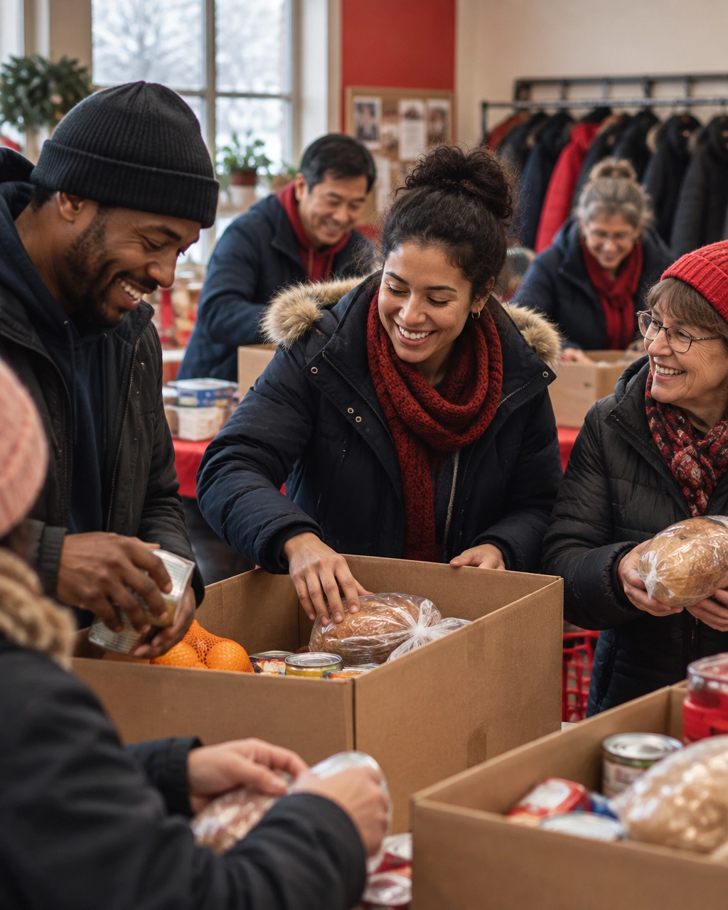 Volunteers preparing winter meal boxes and donation packages in a community centre