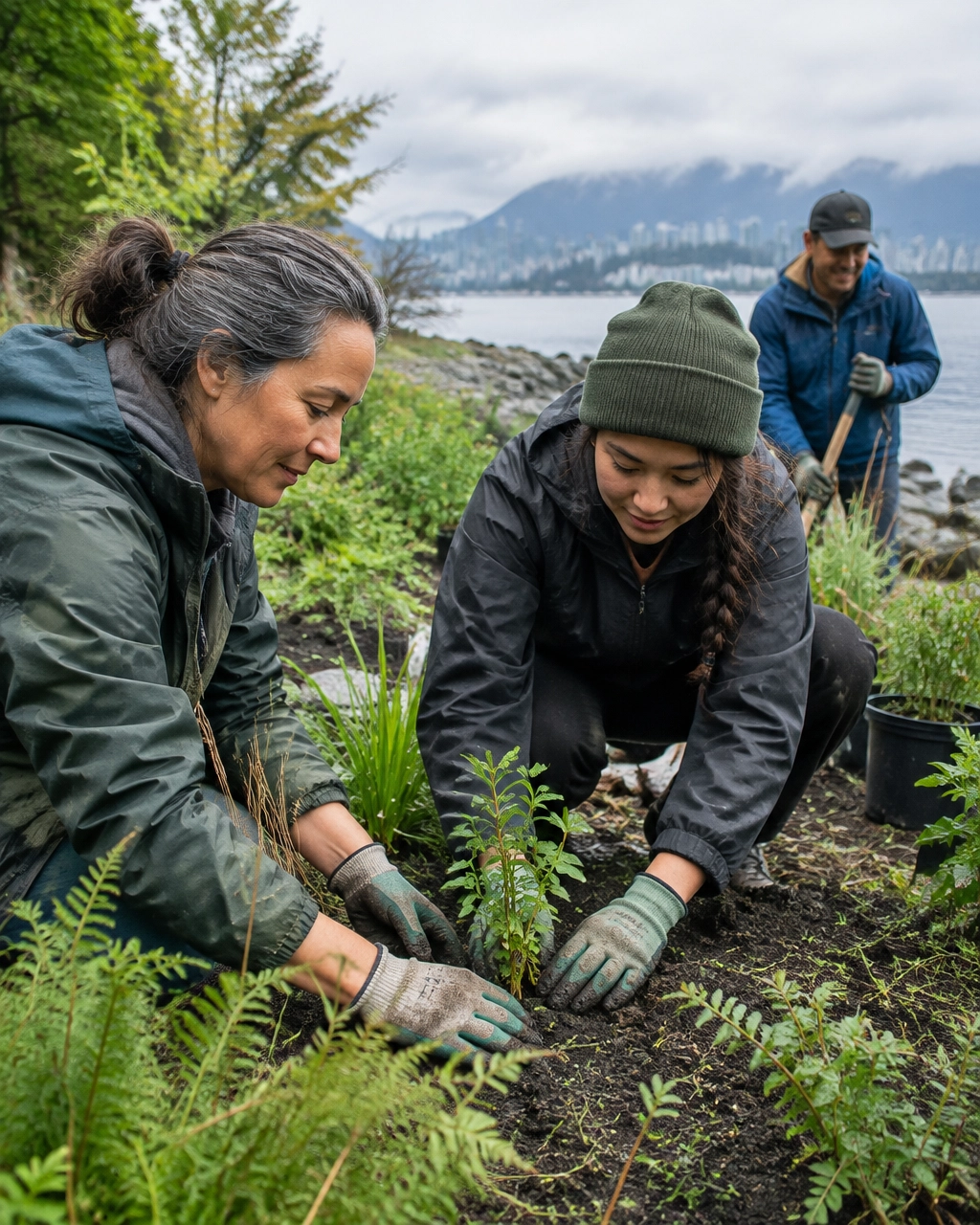 Volunteers planting native greenery in a Vancouver community restoration project