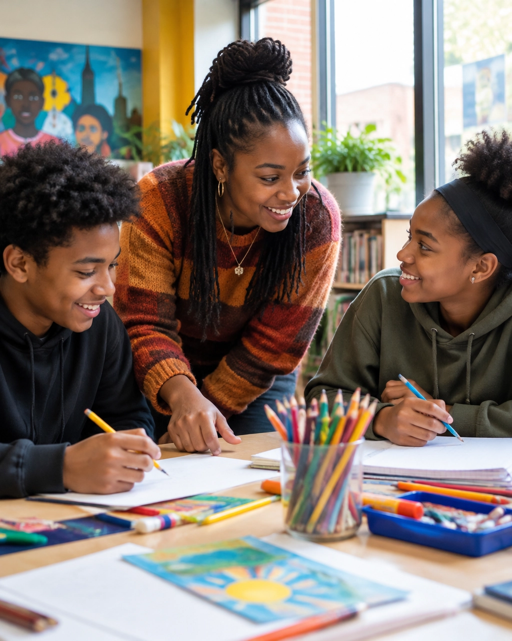 A mentor and young people taking part in an after-school community program in Toronto