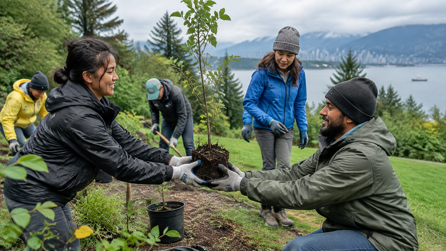Volunteers planting a young tree during a community cleanup in Vancouver