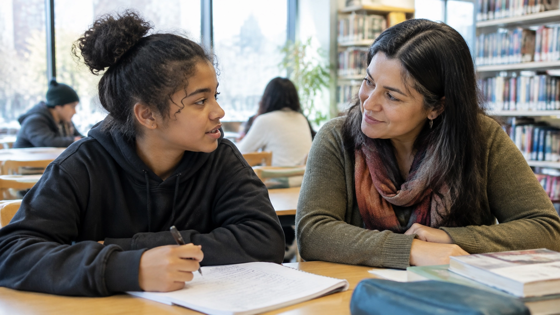 A volunteer mentor speaking with a young person at a community table