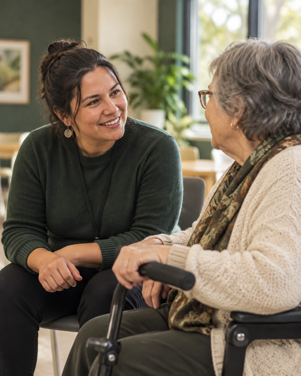 A community program facilitator speaking with a participant in a bright community space