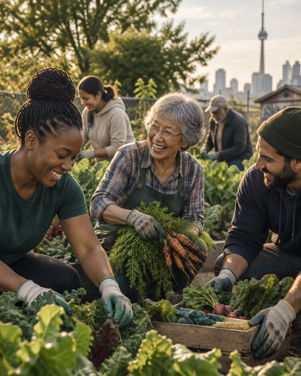 Community members and volunteers working together at a neighbourhood garden