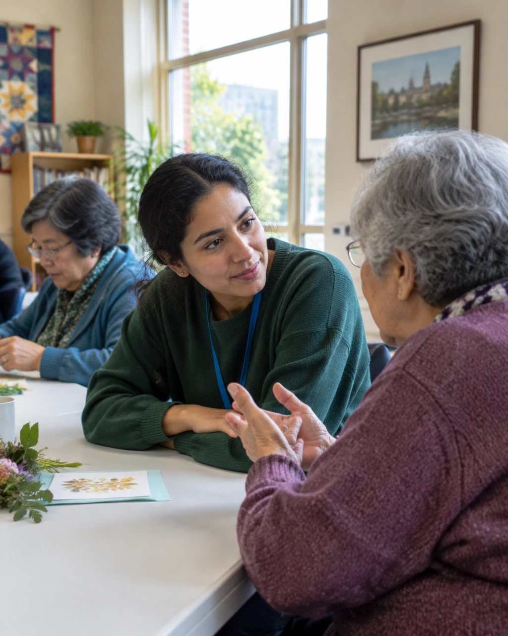 A community outreach worker listening to an older adult in a welcoming neighborhood program space