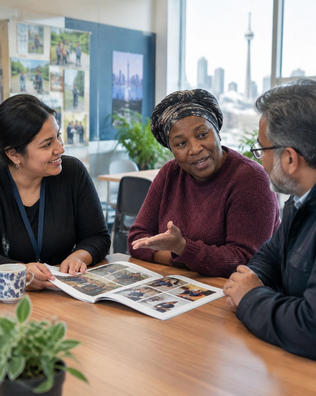 A Toronto program coordinator and community members talking together over an impact update