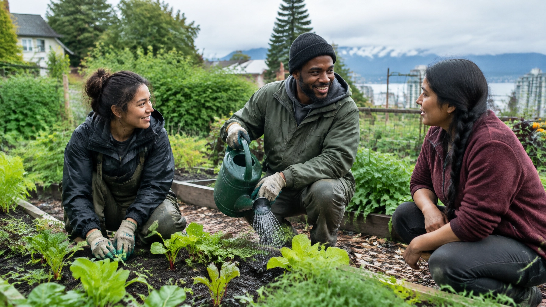 A community garden volunteer and program participant working together among seedlings in Vancouver