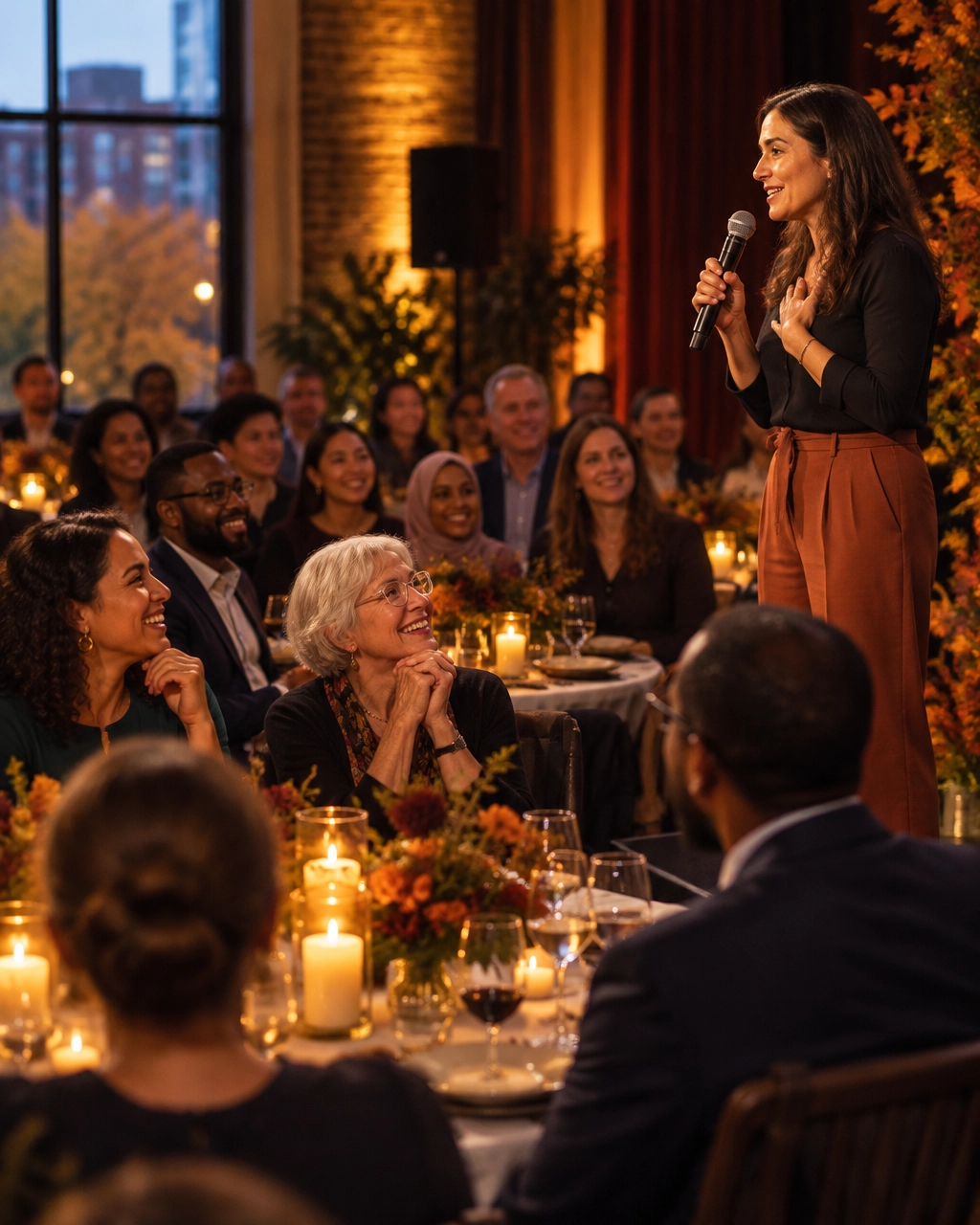 Guests share a warm moment at a community-focused nonprofit gala