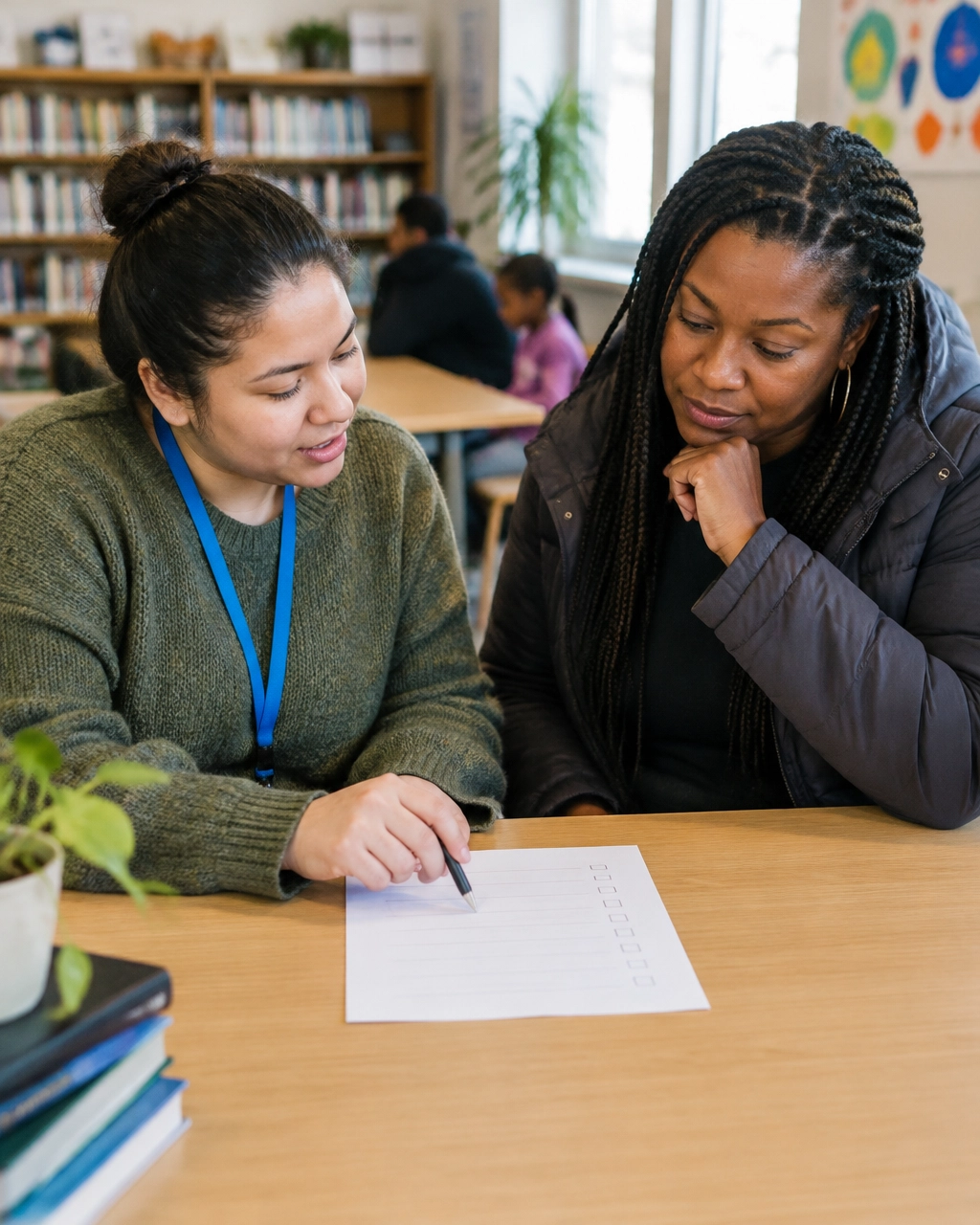 A community services staff member helping a parent understand an application at a neighborhood resource centre