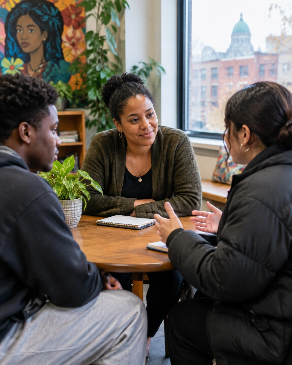 A facilitator listening to young adults during a community employment program conversation
