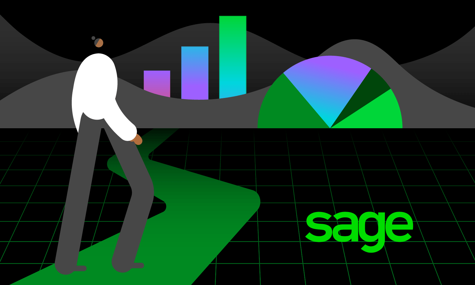 Illustration of a person standing on a green path with colorful bar and pie charts in the background and 'sage' text on a black grid floor.