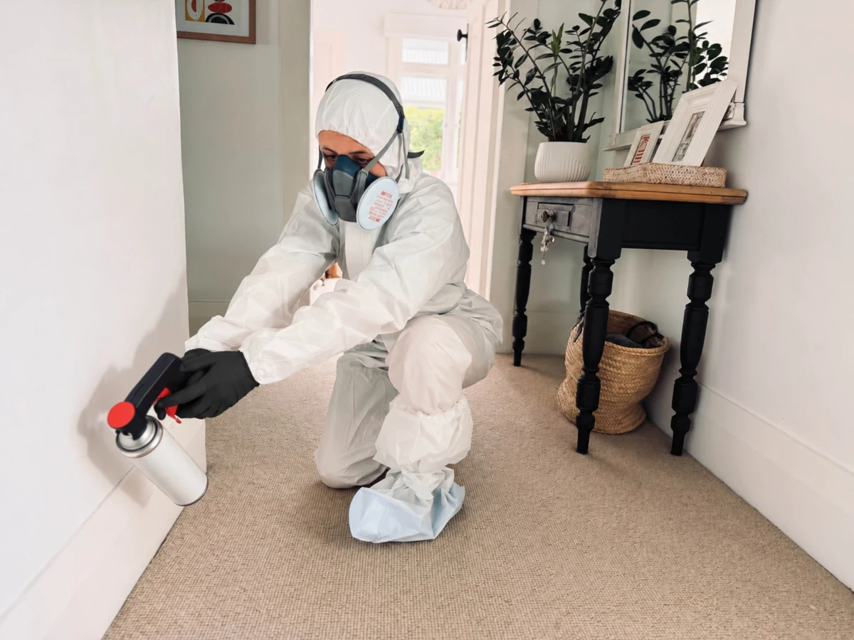 Blast Away Guys technician wearing protective coveralls, a respirator and black gloves while applying an interior insect treatment along a skirting board.