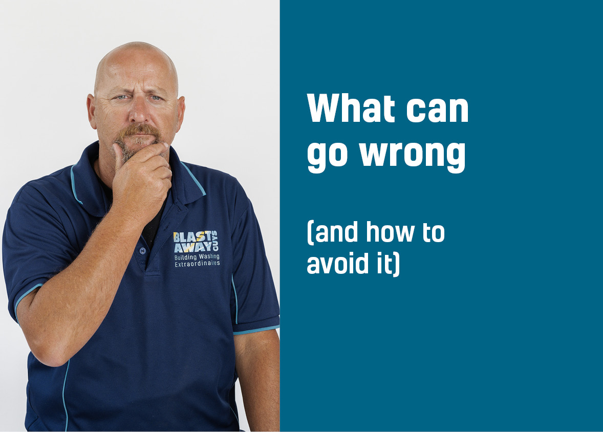 Blast Away Guy Pete with his branded shirt touching his goatee and looking like he’s thinking hard about things going wrong