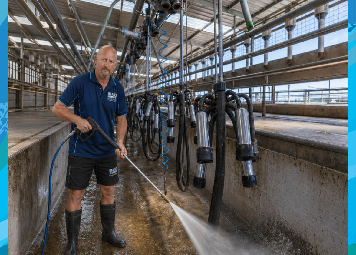 Blast Away Guys team member water blasting the inside of a cow shed in Northland, New Zealand