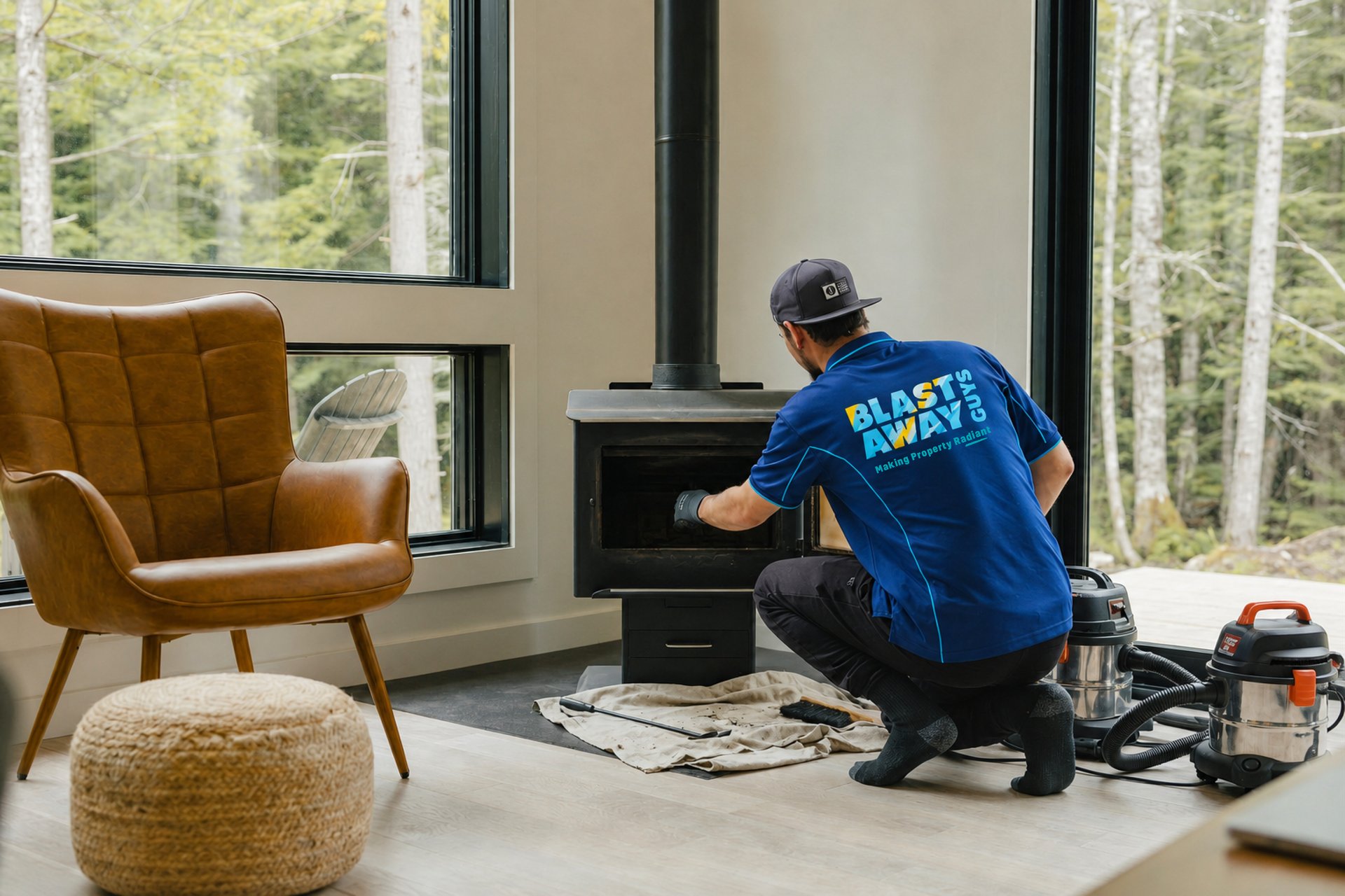 Blast Away Guys chimney sweep and inspection icon showing a chimney brush and certificate