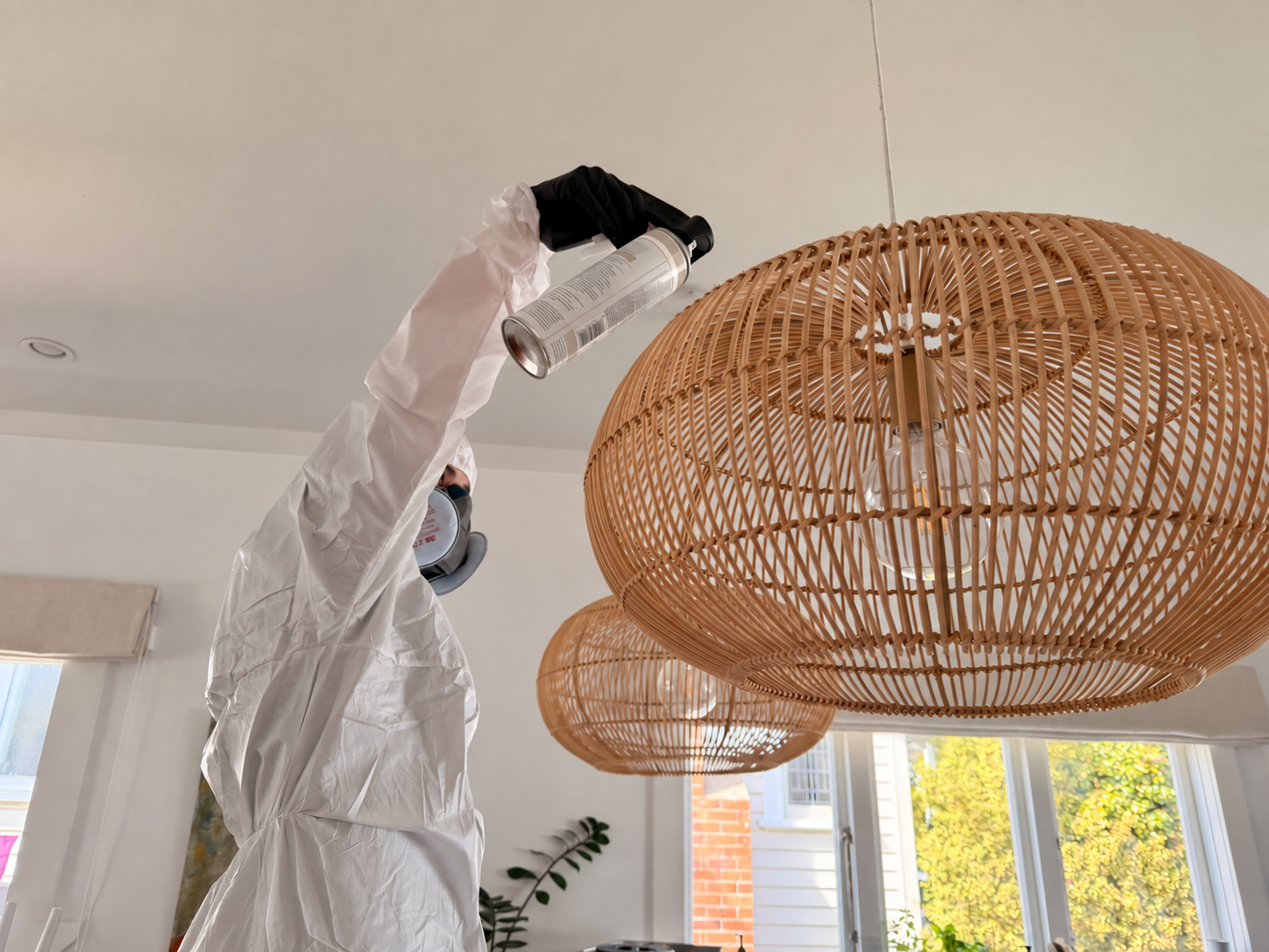 Blast Away Guys technician applying BugBlock interior insect treatment to a ceiling area in a Northland home