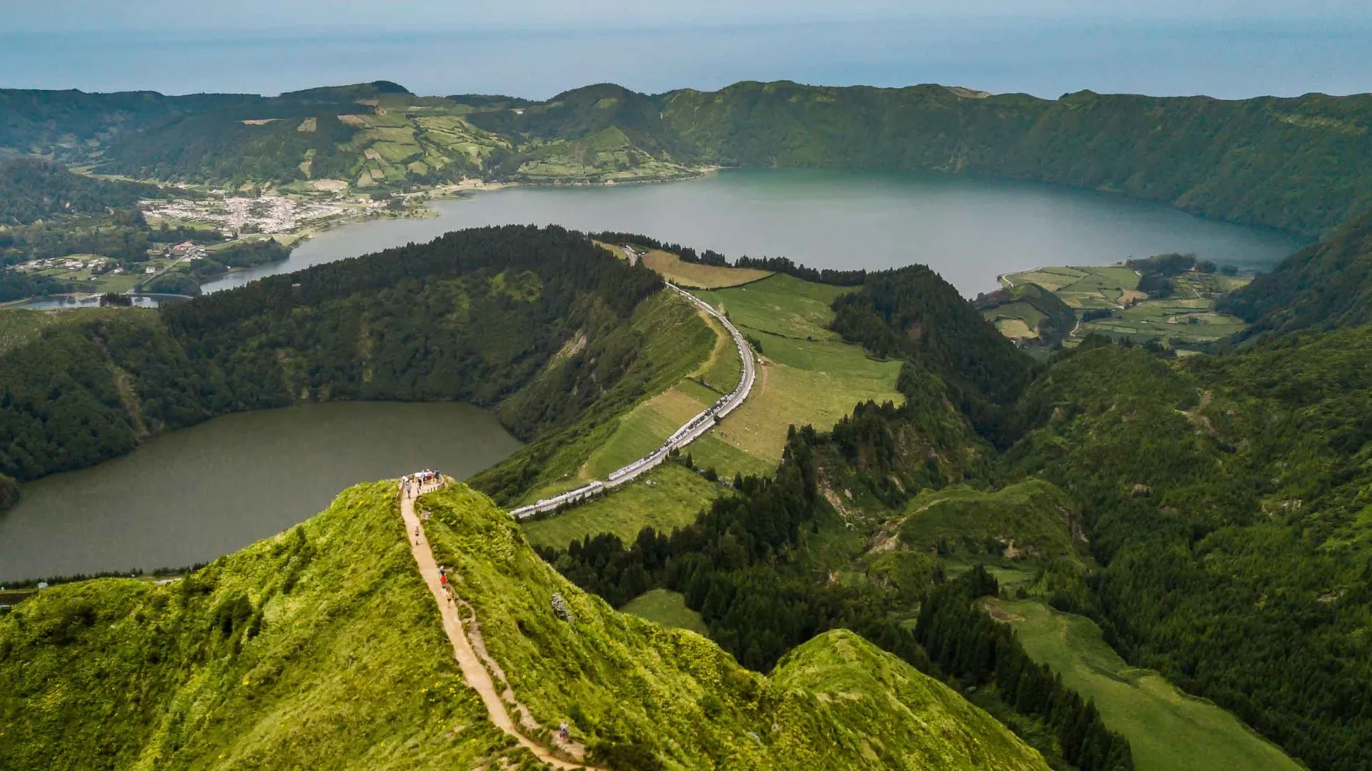 view of volcanic lagoons in sao miguel, azores
