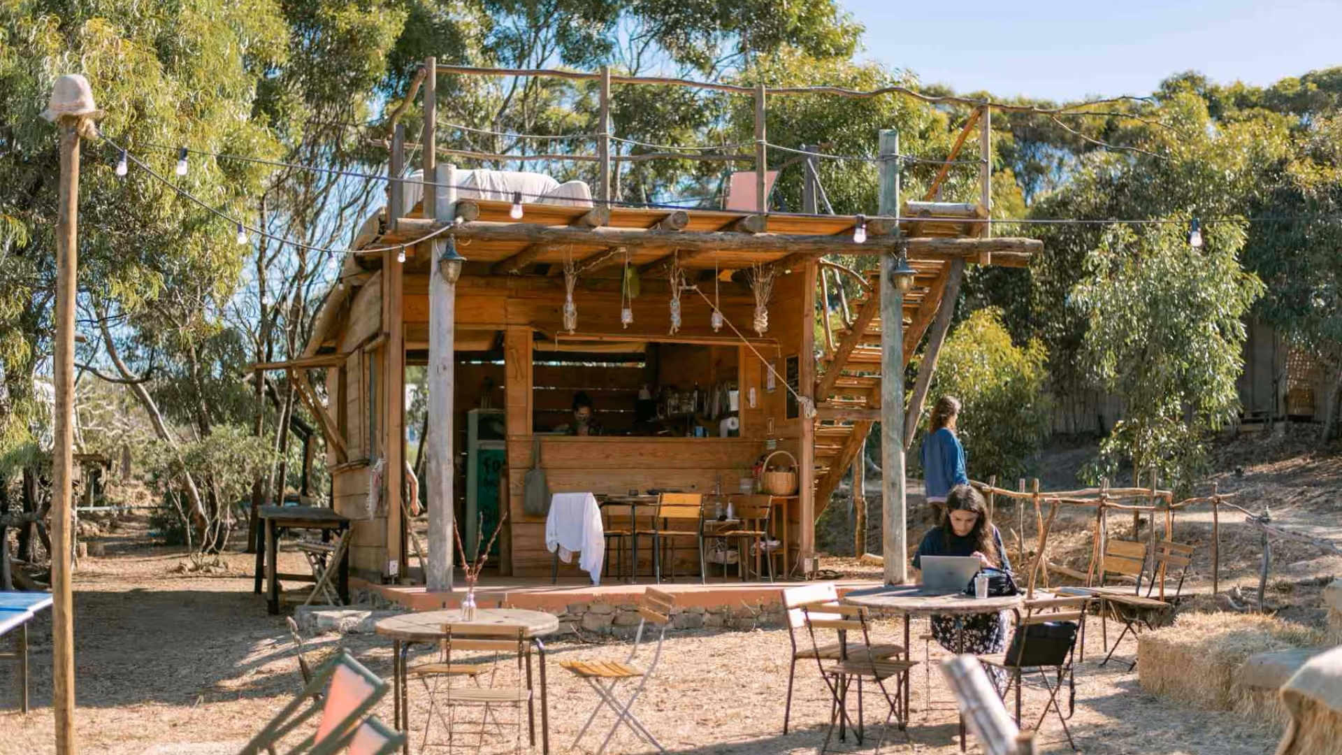 Common kitchen, chairs and tables outside and made of wood