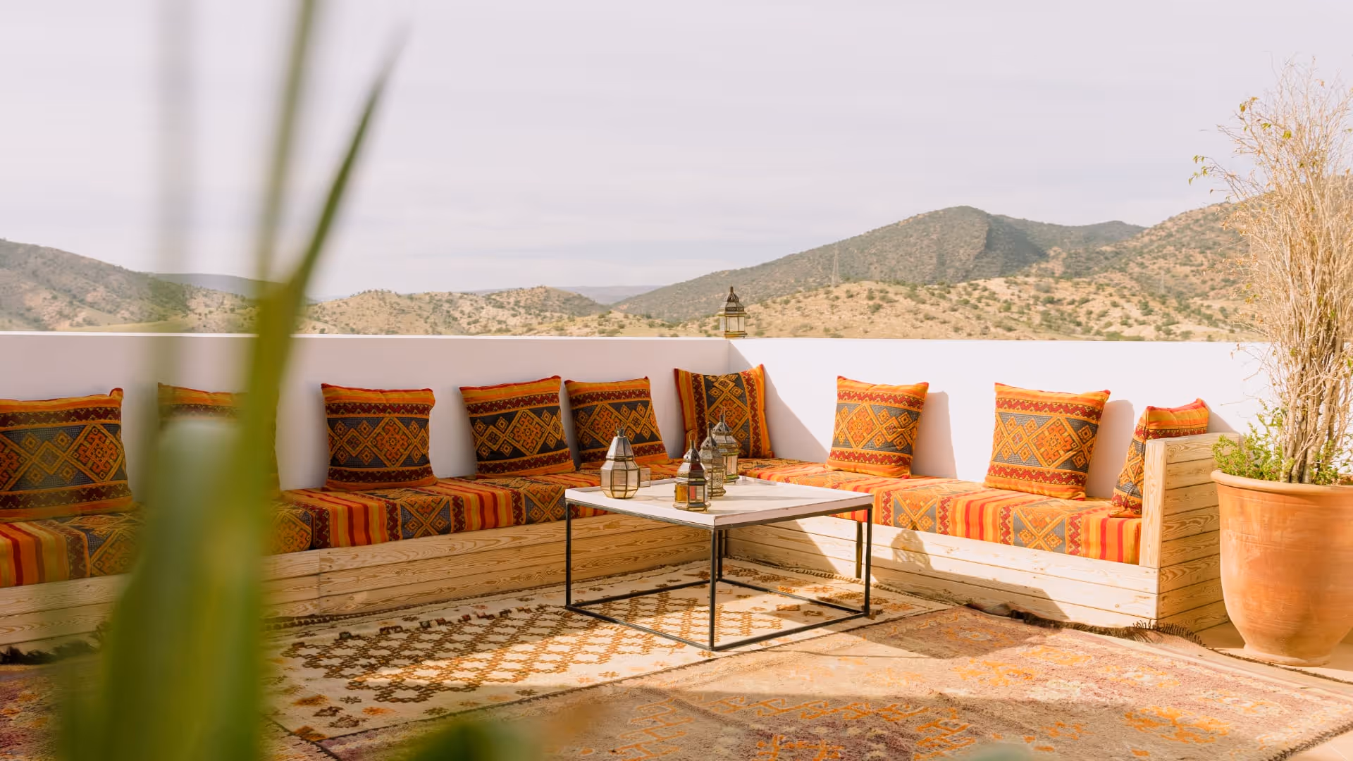 Terrace with moroccan tea set and cushions