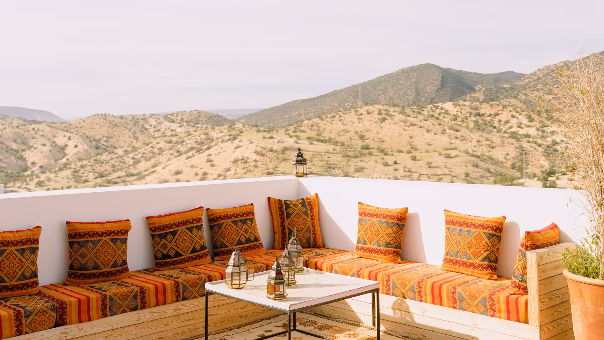 Moroccan terrace and mountains in the background