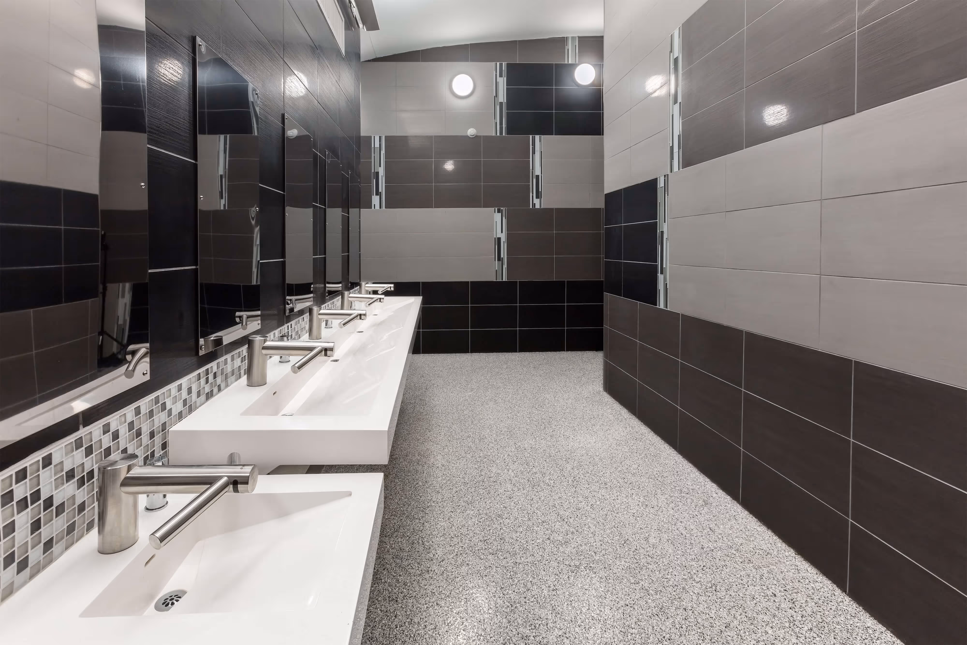 A wide-angle shot of the Tennessee Aquarium restroom renovation completed by David Barlew