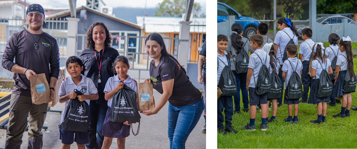 Students and staff from Tabacón, Místico Park, and Pure Trek delivering school donations in La Fortuna.