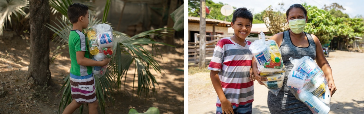 Child carrying supplies through a rural community in Costa Rica. Community members holding donated supplies outdoors. 