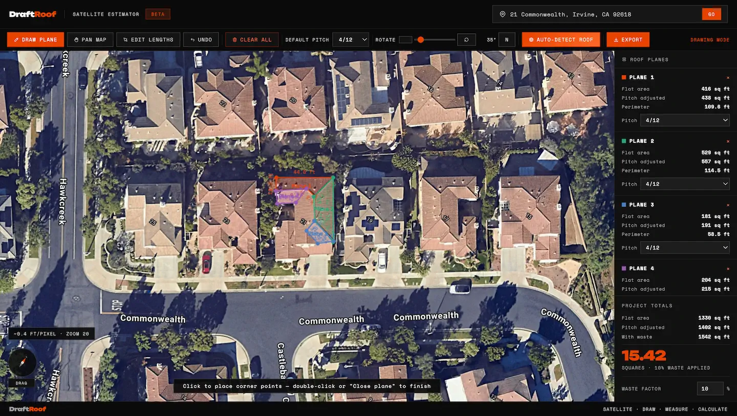 A screenshot of the DraftRoof app with a residential roof and some measurements being calculated.