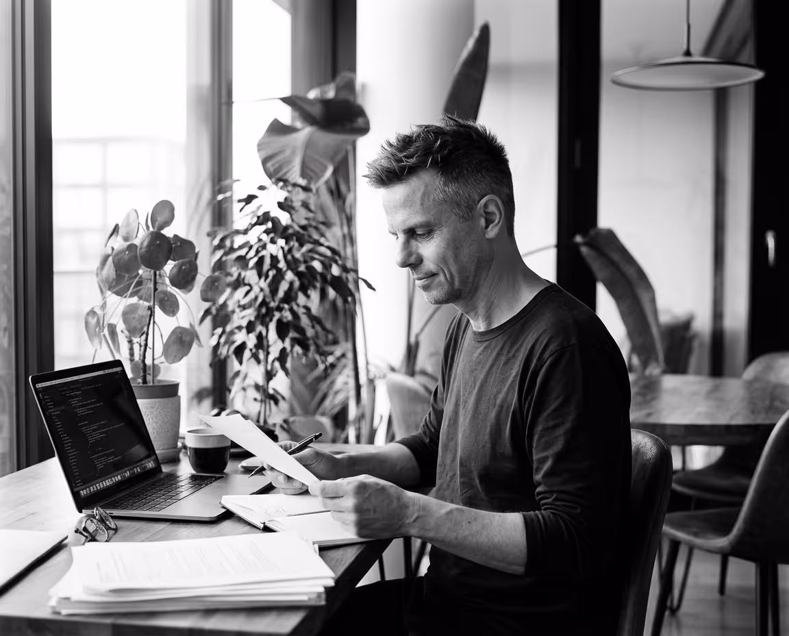 Matthias sitting at a desk reading paper with laptop and plants nearby in a bright room.