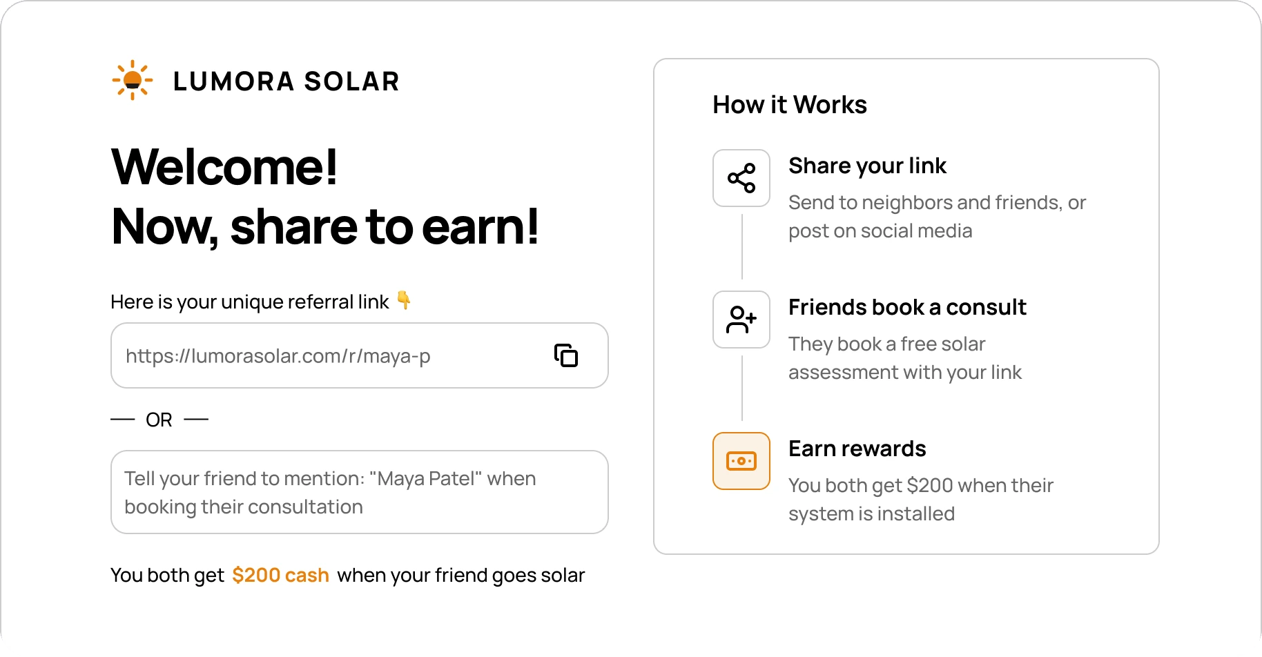ReferralHero referral widget for a solar installer showing a unique referral link and a double-sided $200 reward