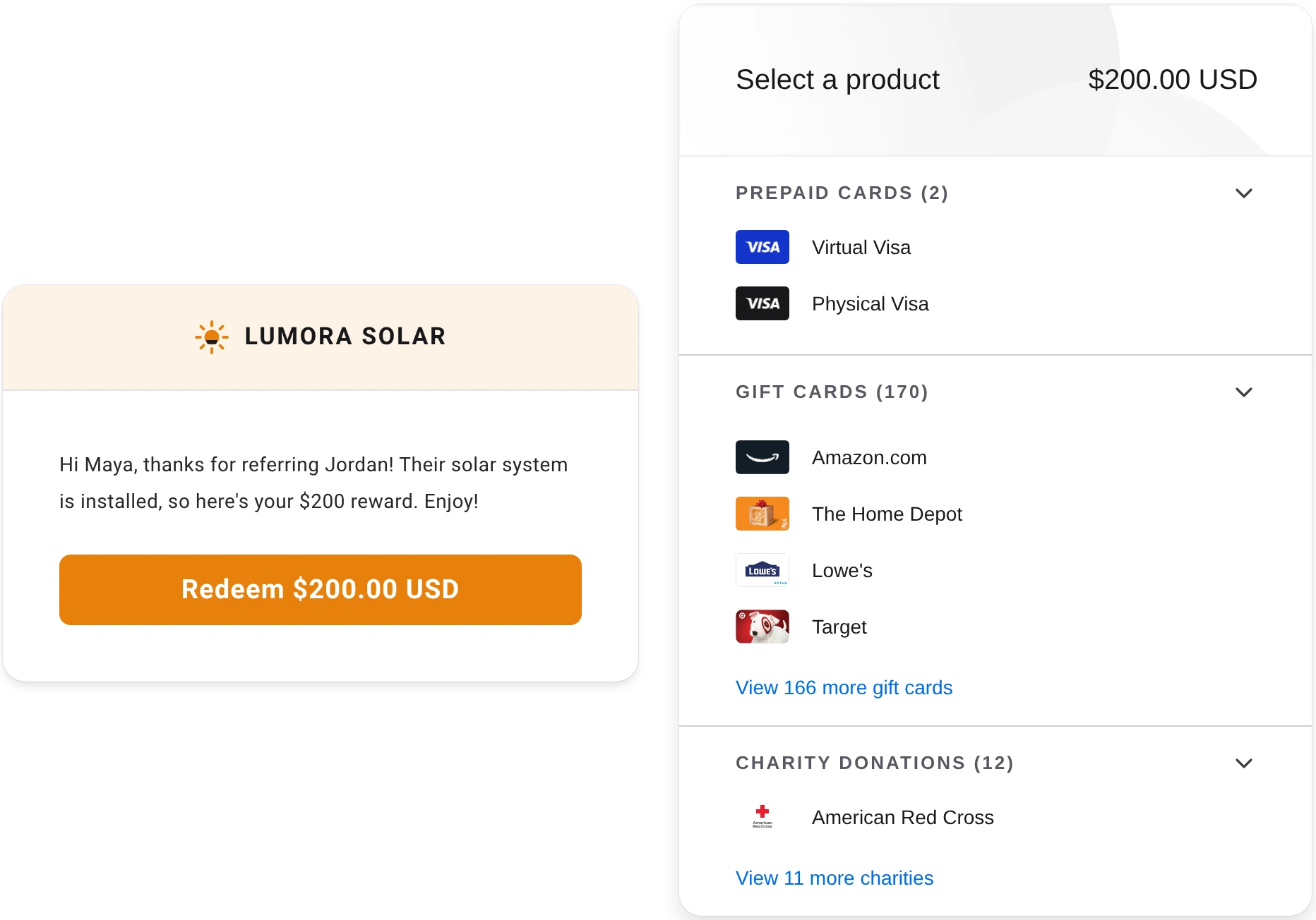 Branded $200 referral reward email next to a reward selection screen offering Visa prepaid cards, gift cards, and charity donations