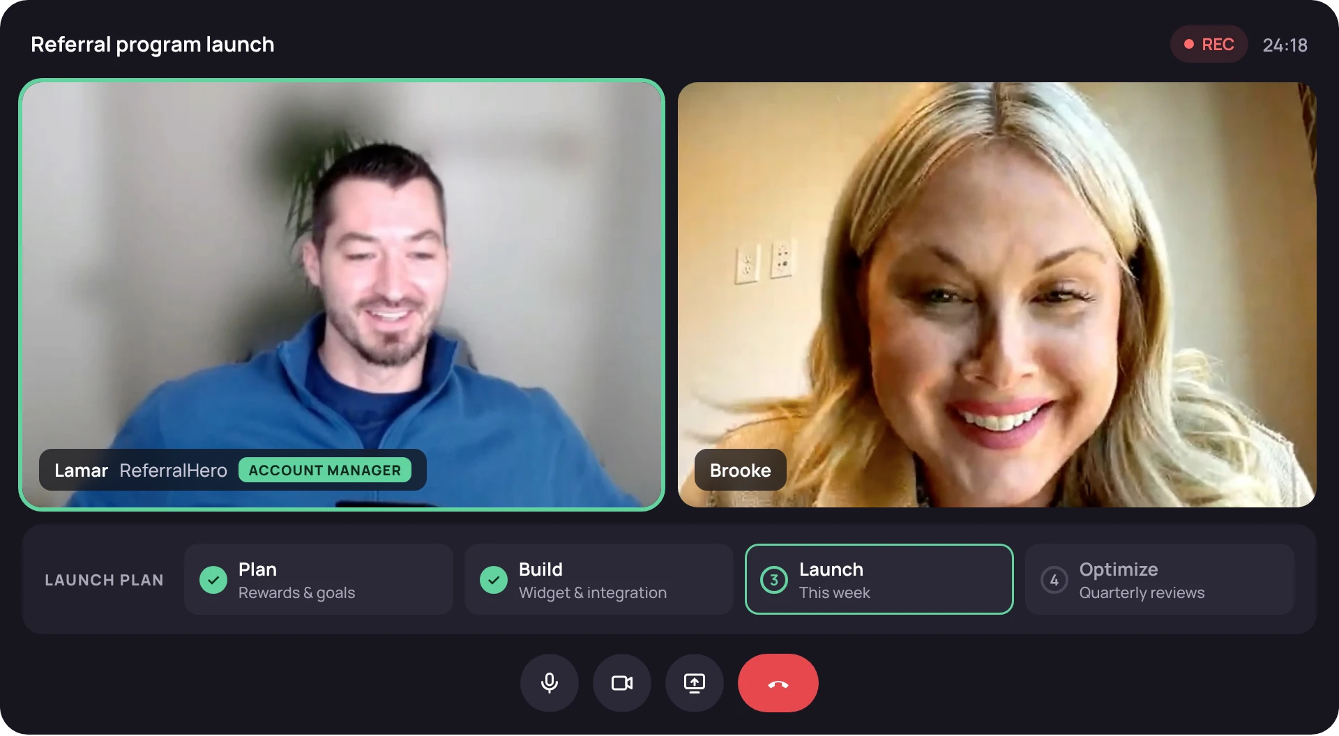 ReferralHero account manager on a video call with a solar installer, walking through the referral program launch plan
