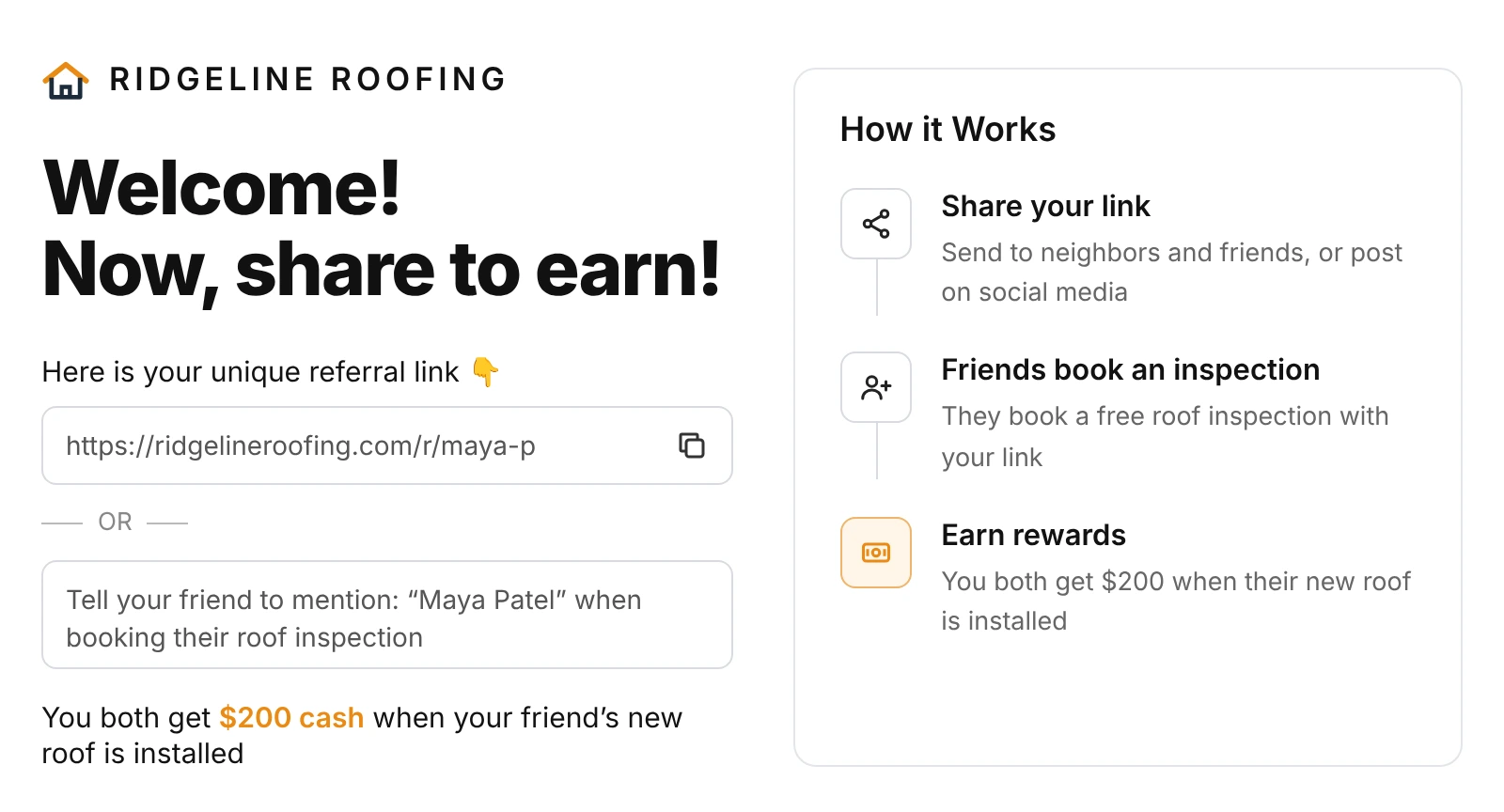 ReferralHero referral widget for a roofing company showing a unique referral link and a double-sided $200 cash reward when a friend's new roof is installed