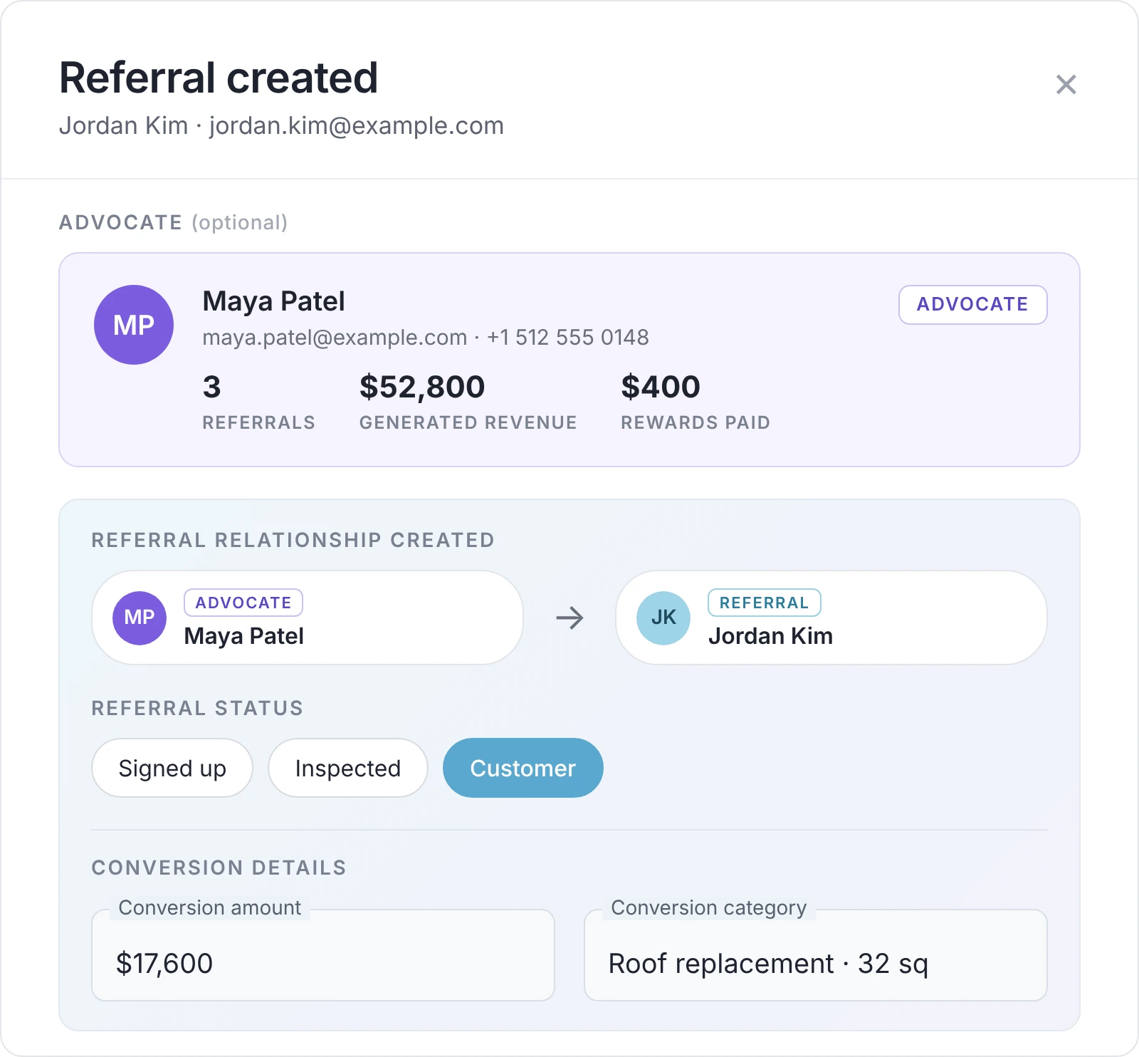 ReferralHero referral record linking an advocate to a new roofing customer, with a $17,600 roof replacement attributed to the referral