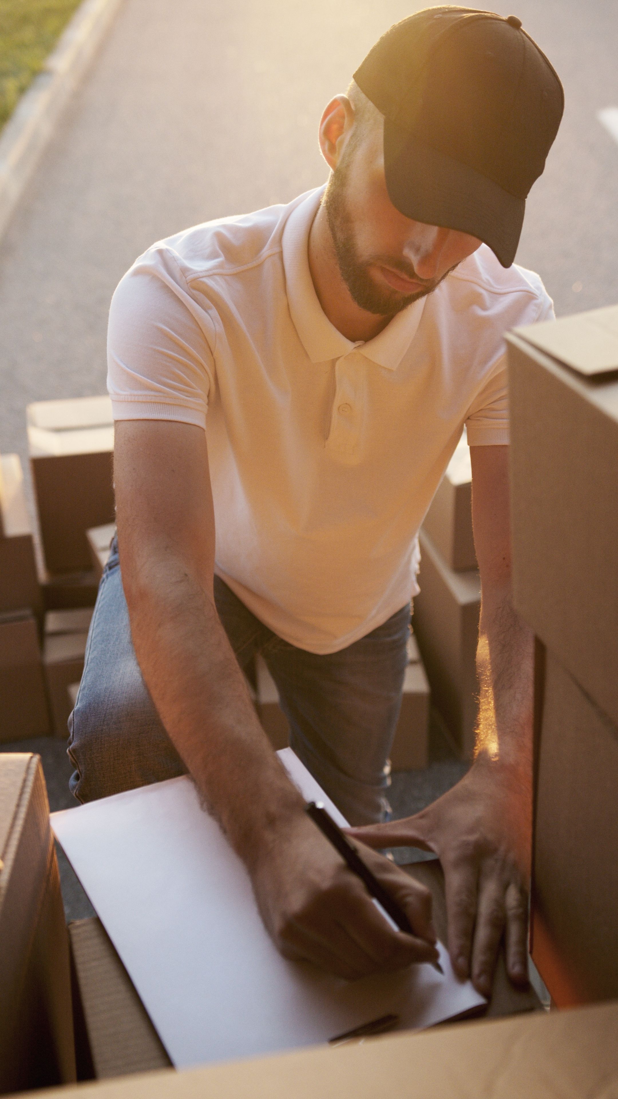 Mover in a cap labeling a packed moving box surrounded by stacked boxes on moving day
