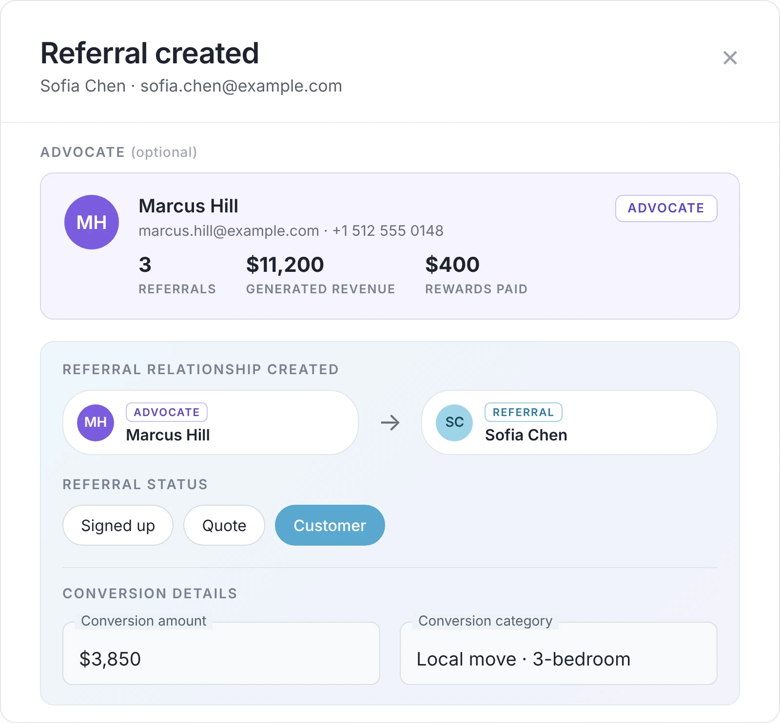 ReferralHero referral record linking an advocate to a new moving customer, with a $3,850 local move attributed to the referral