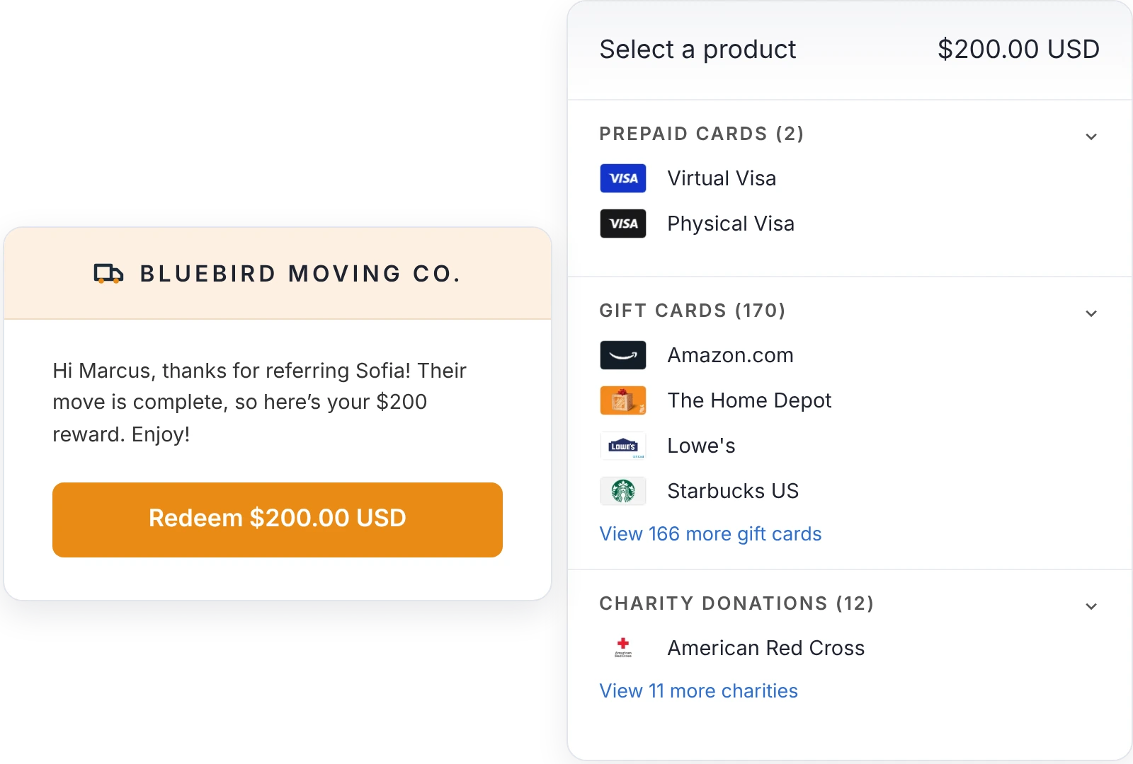 Branded $200 moving company referral reward email next to a reward selection screen offering Visa prepaid cards, gift cards, and charity donations